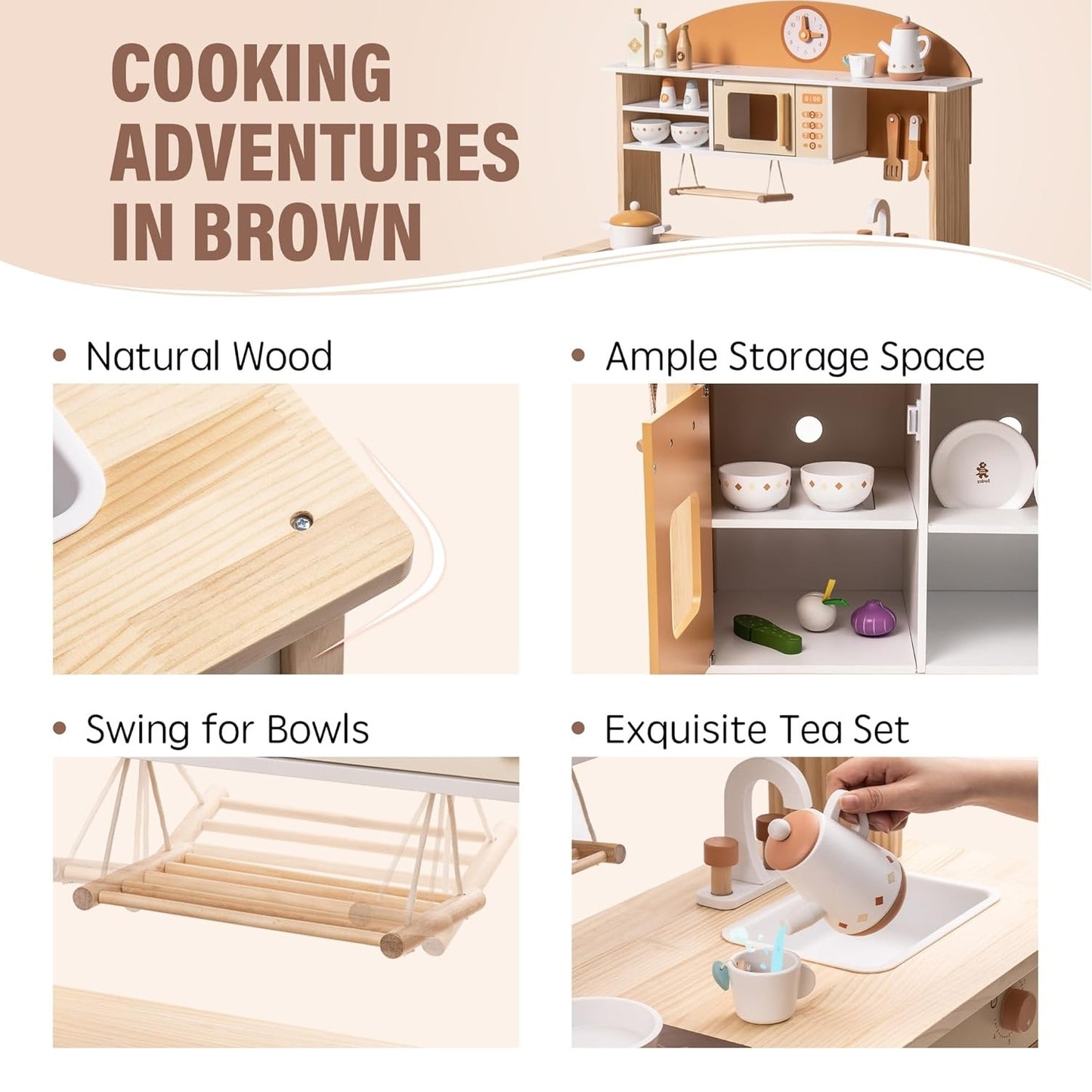 Large Wooden Kitchen Playset for Kids with Pretend Cooking Accessories