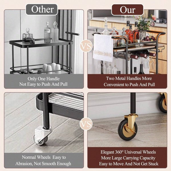 Versatile 2-Tier Bar Cart or Serving Cart On Wheels