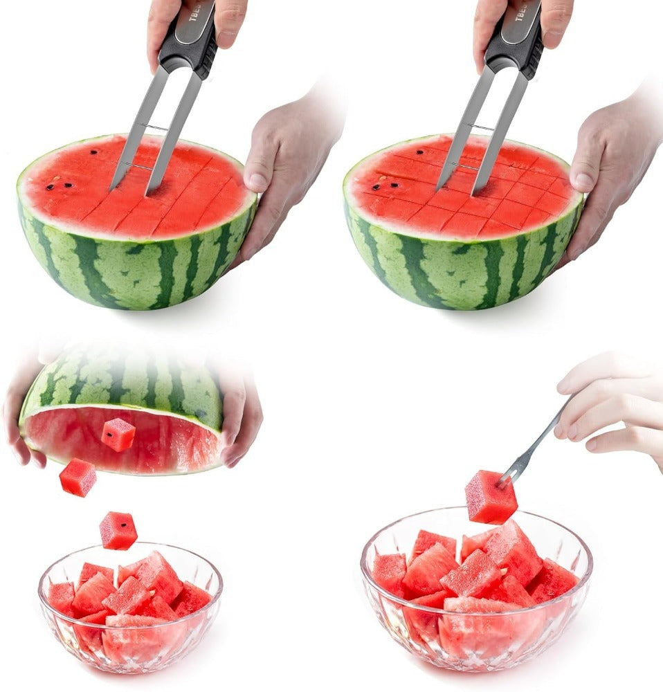 The Watermelon Slicer Is A Creative Small Kitchen Tool Made Of Stainless Steel. It Is Reusable And Capable Of Cutting Watermelons And Other Fruits Efficiently.