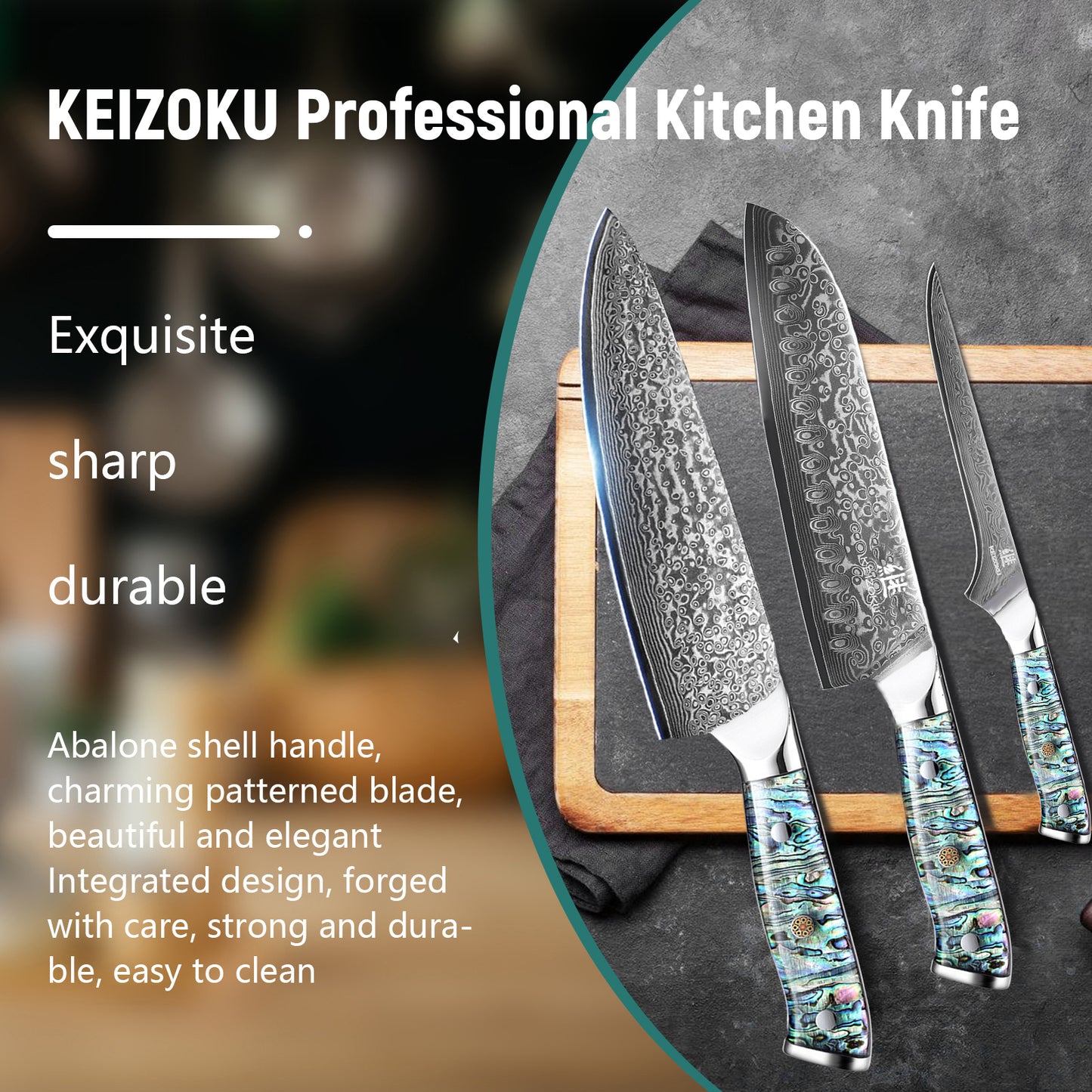 Professional Japanese Damascus 8-Inch Steel Santuko Chef Knife with Hand-Forged Hammer Pattern and Ergonomic Abalone Shell Handle