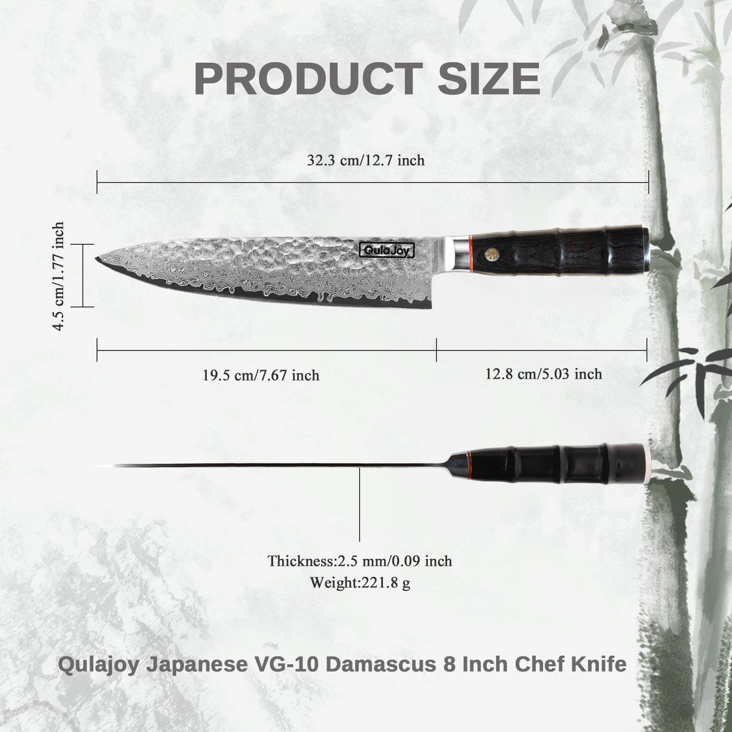 Japanese 8-Inch Chef Knife, 67 Layers Damascus VG-10 Steel Core, Professional Hammered Kitchen Knife, Handcrafted with Ergonomic Green Bamboo Shape Handle