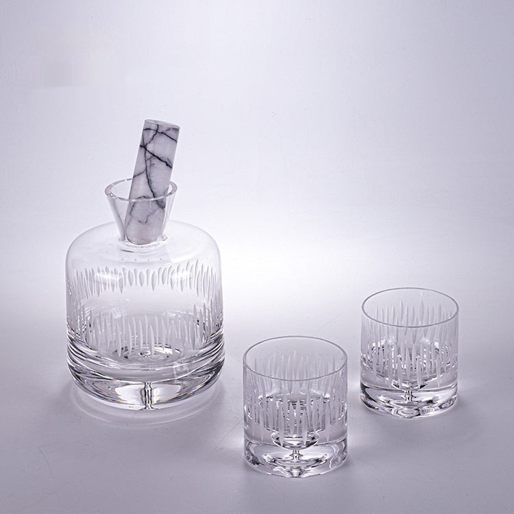Carved Art Glass Wine Decanter and 2 Cup Set