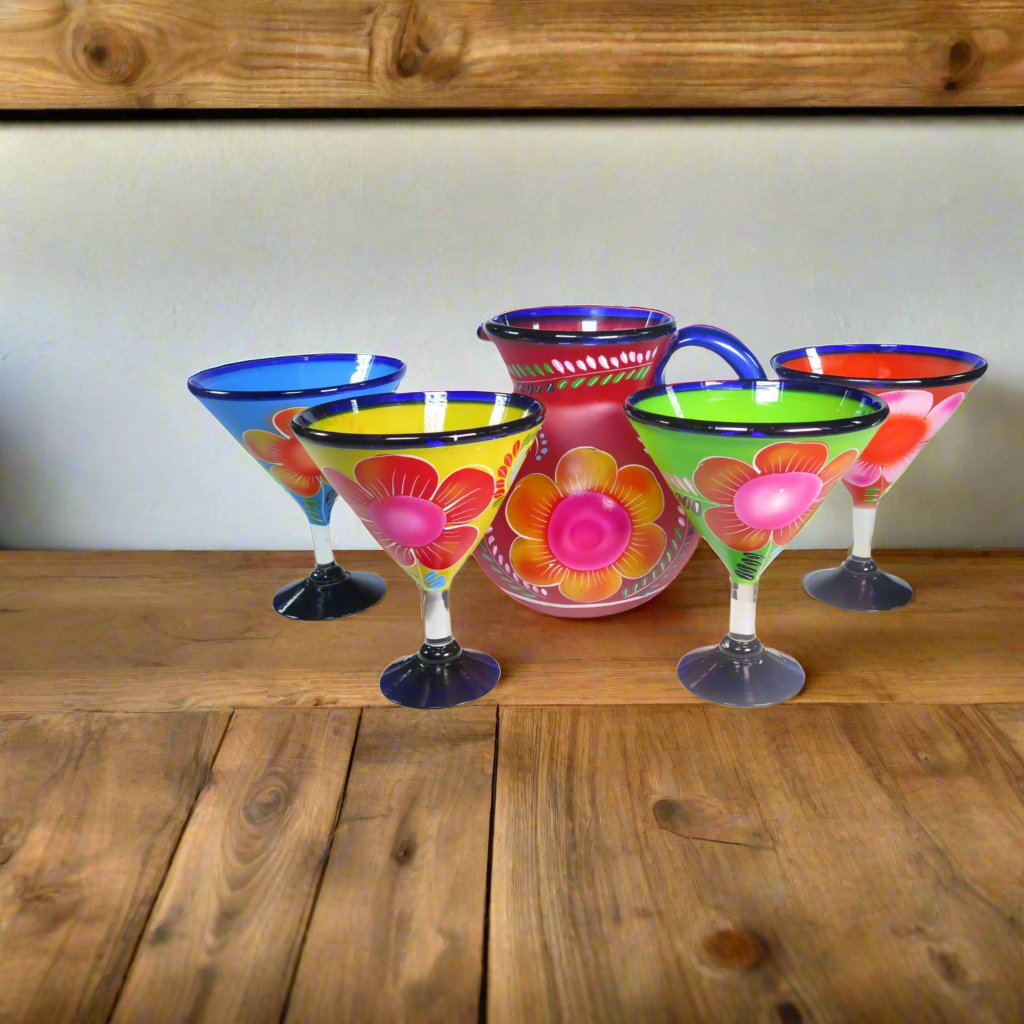 Eye4Art Hand-Blown and Hand-Painted Mexican Margarita Glasses and Pitcher (5-Piece Set)