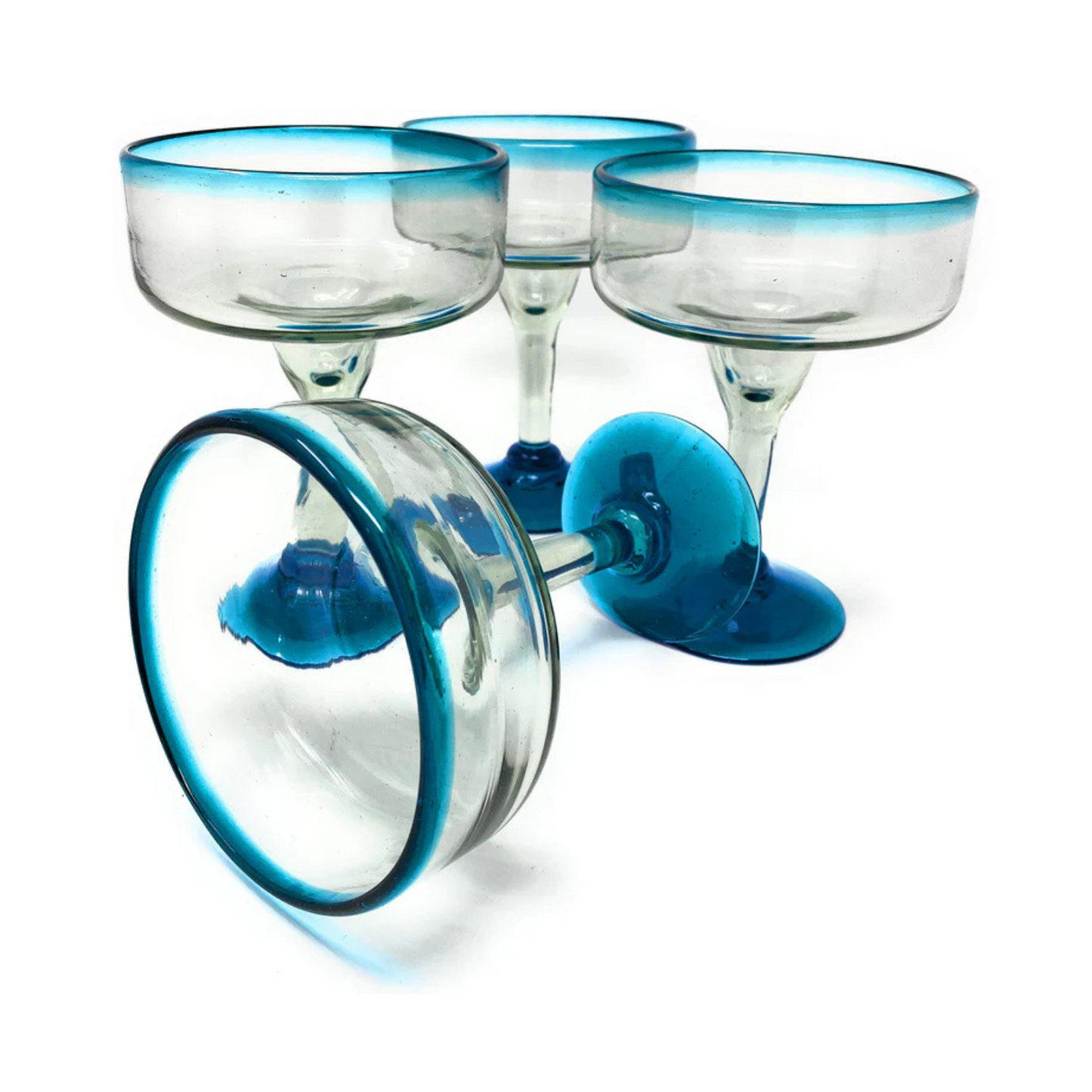 Mexican Hand-Blown Glass – Set of 4 Hand Blown Margarita Glasses (16 oz.) with Aqua Blue Rims