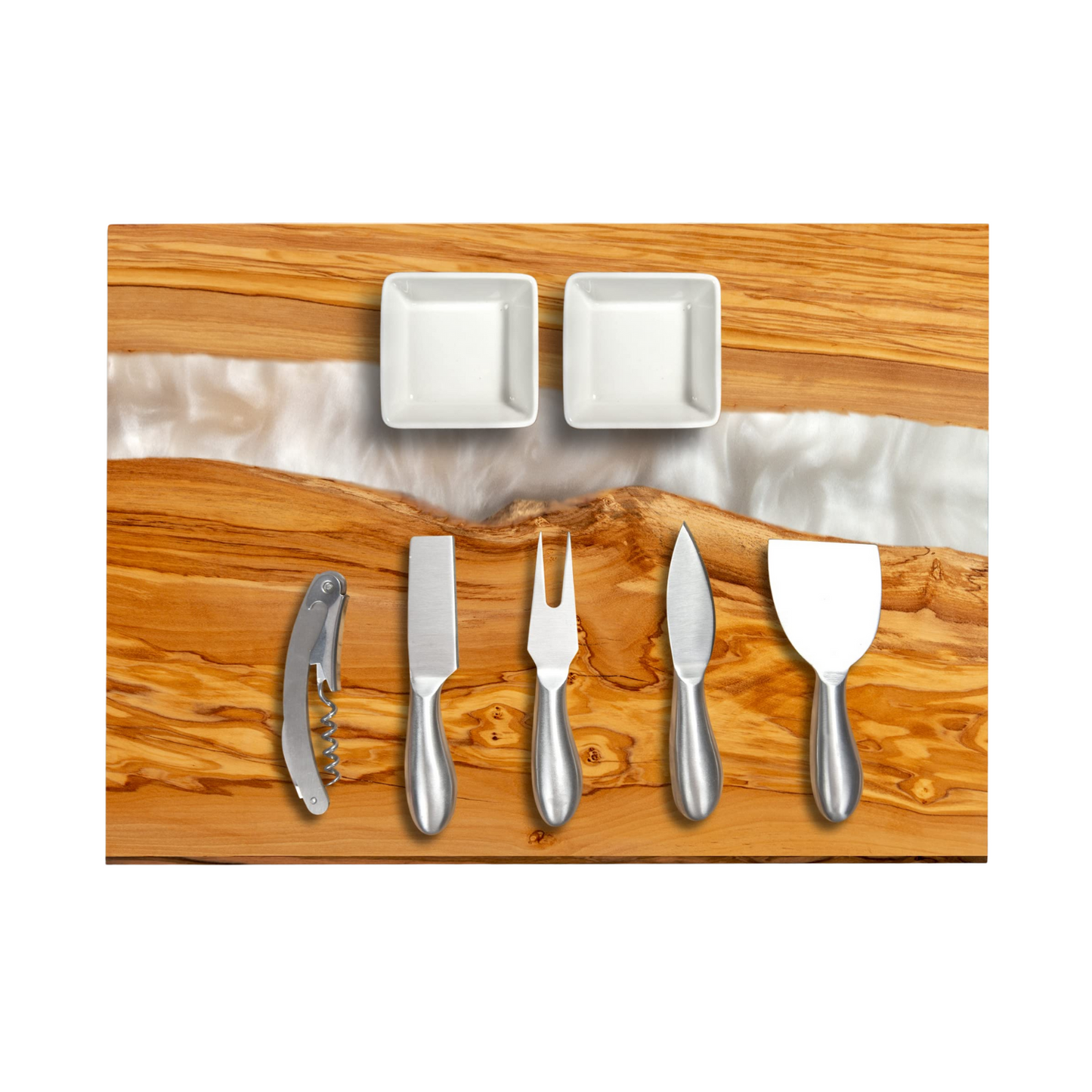 Handcrafted Italian Olive Wood Cheese and Charcuterie Board Set with Unique White Pearl Resin Artwork - Cutting Board Comes with 4 Cheese Knives, 2 Dipping Bowls & Corkscrew Wine Opener (White Pearl)