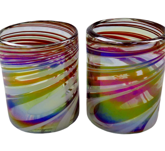 Hand Blown Glass Multicolor Swirl 12 Oz. (Set of 4)
