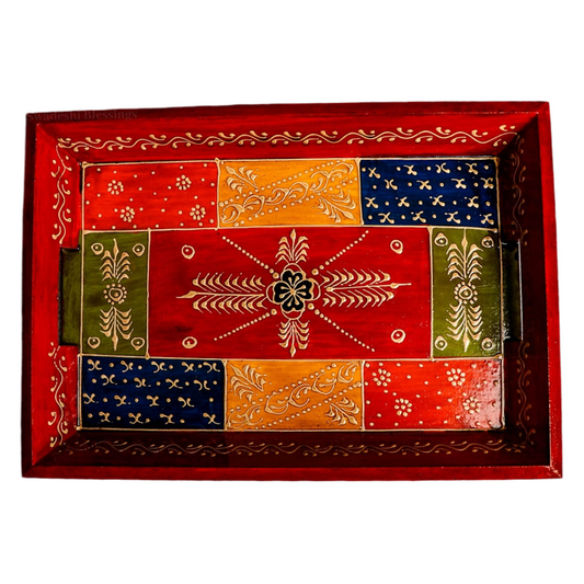 Swadeshi Blessings Handcrafted and Hand-Painted Embossed Wooden Serving Trays Set of 3 - for Kitchen/Table & Home Decor/Dinning/Gifts/Restaurants/Living Room/Coffee Table (AntiqueRed)