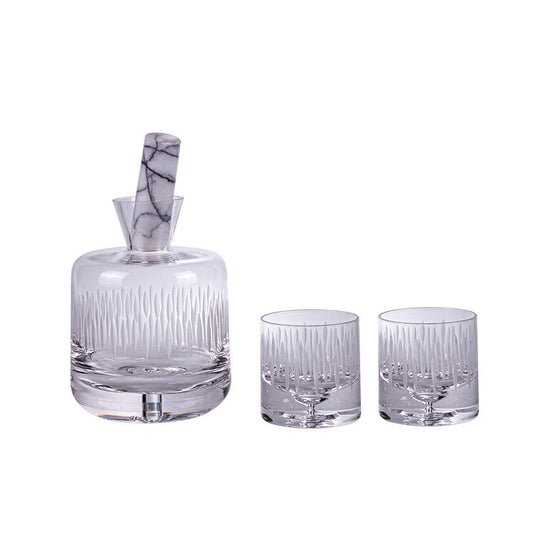 Carved Art Glass Wine Decanter and 2 Cup Set