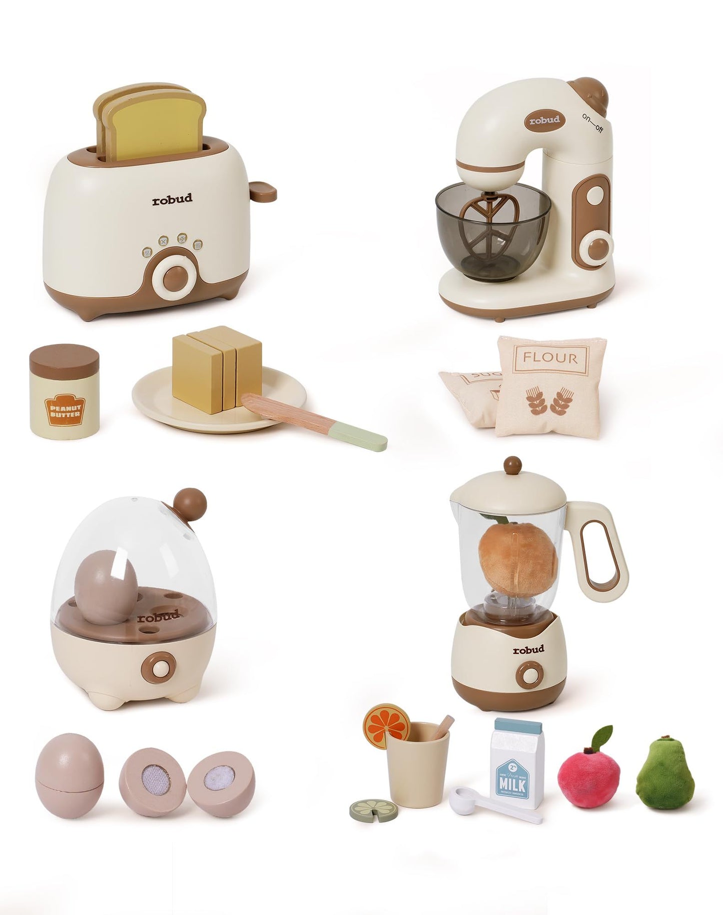 Wooden Pretend Play Kitchen Playset Food Set with Bread Maker and Juicer