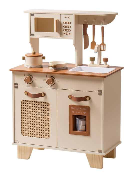 Wooden Play Kitchen with Pretend Ice Cube Dispenser for Toddlers Aged 3 and Up
