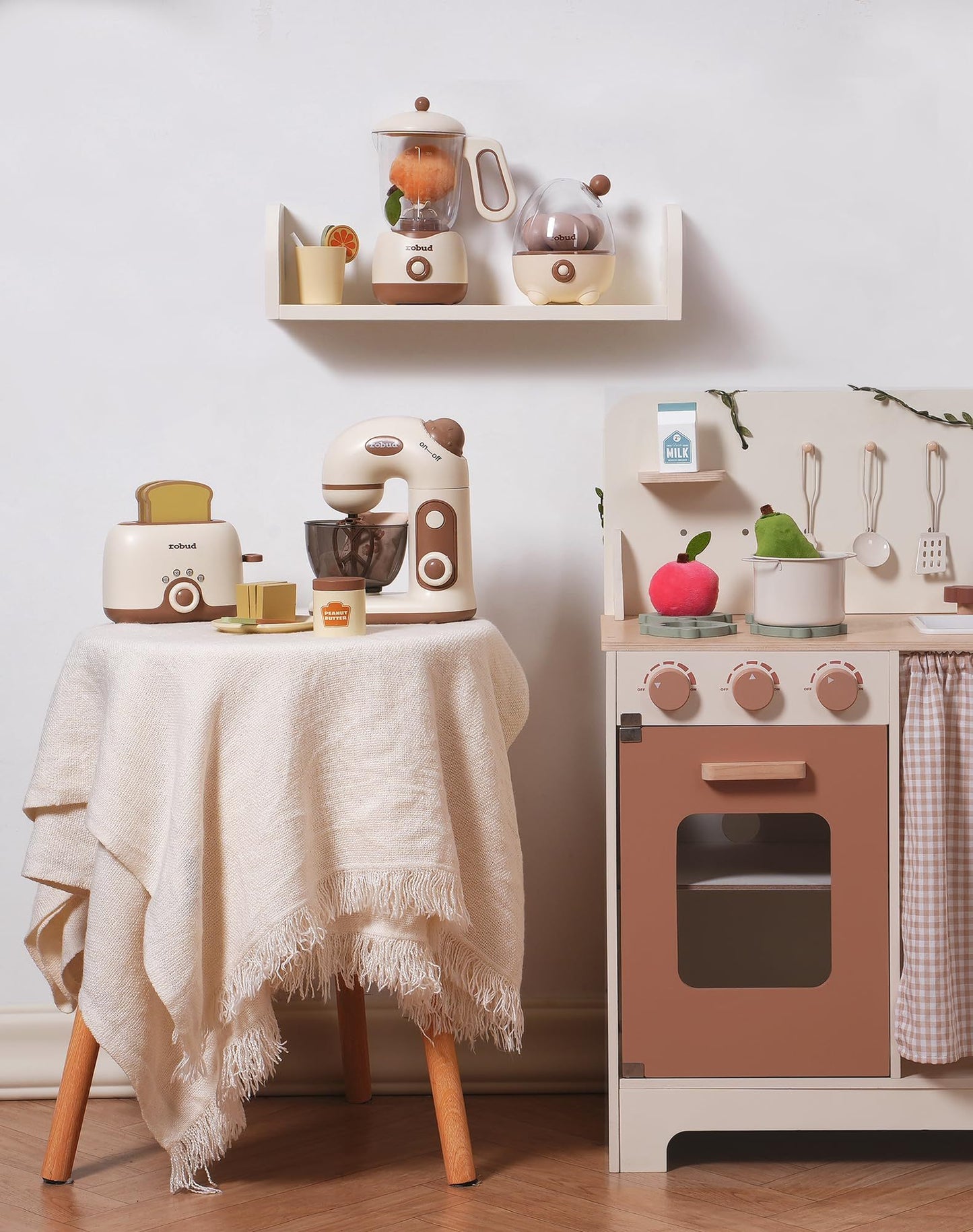 Wooden Pretend Play Kitchen Playset Food Set with Bread Maker and Juicer