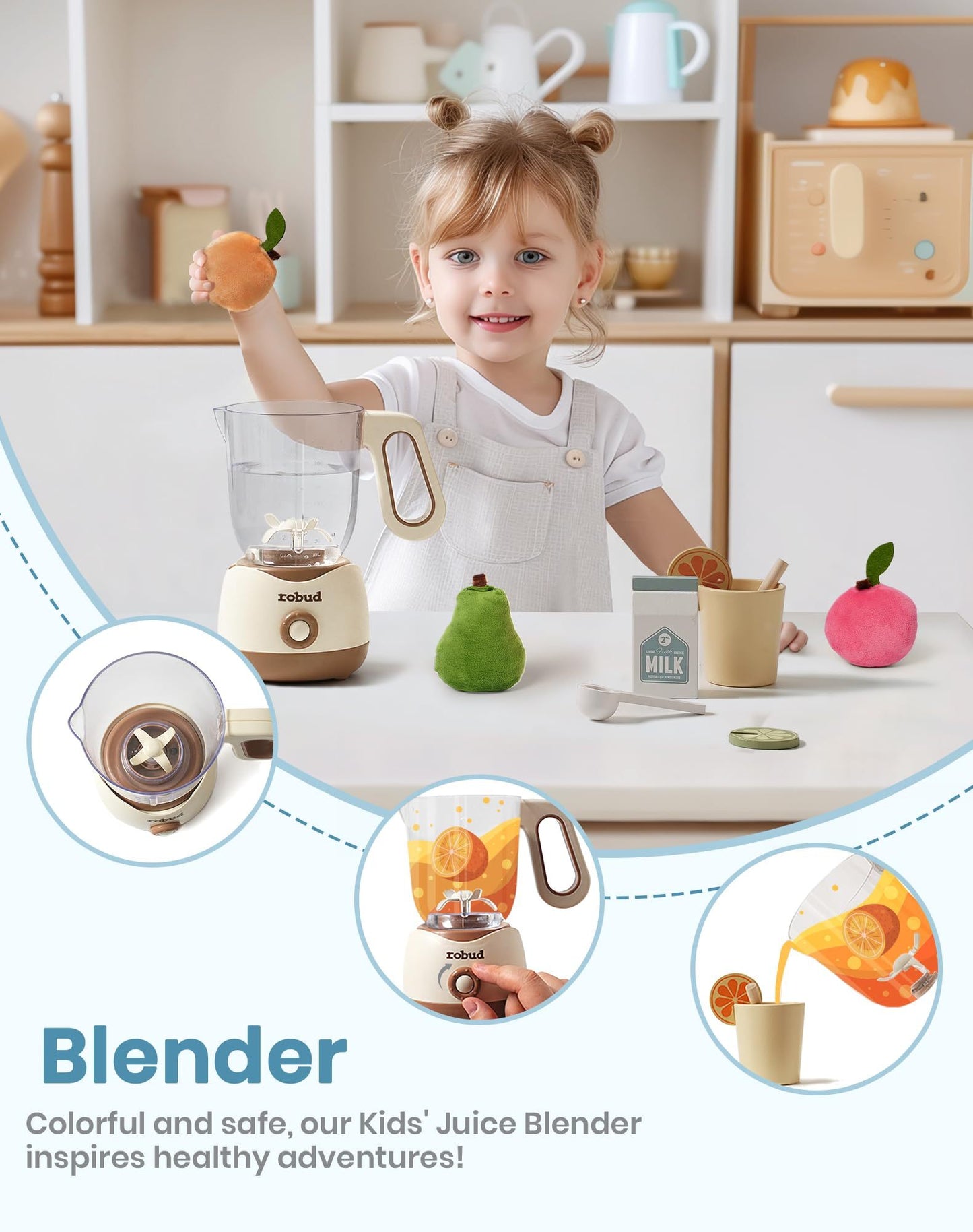 Wooden Pretend Play Kitchen Playset Food Set with Bread Maker and Juicer