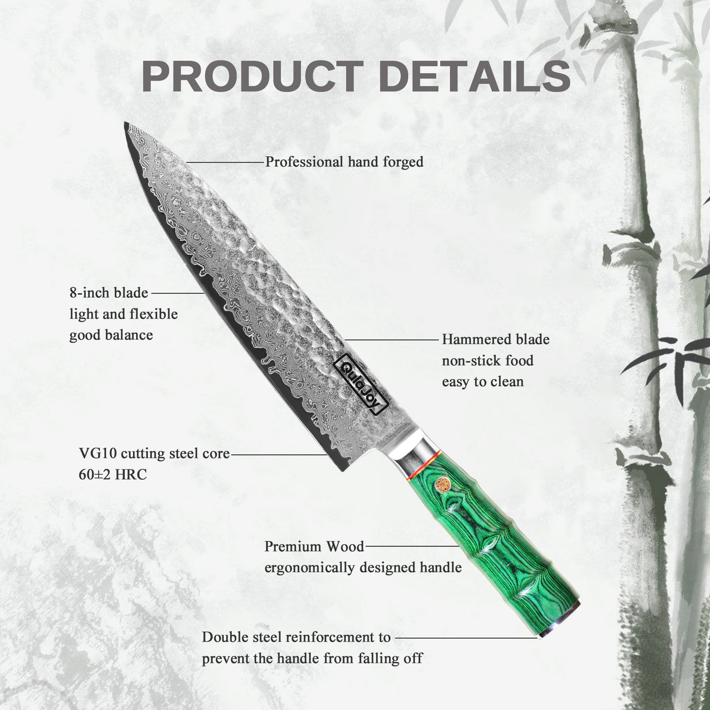 Japanese 8-Inch Chef Knife, 67 Layers Damascus VG-10 Steel Core, Professional Hammered Kitchen Knife, Handcrafted with Ergonomic Green Bamboo Shape Handle