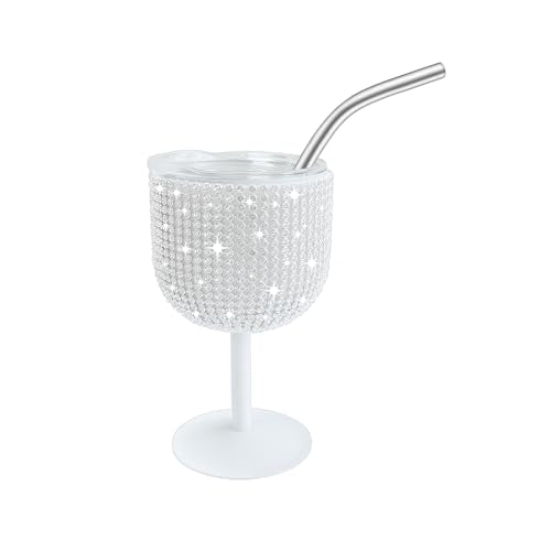 INSTOME Rhinestone Stainless Steel Wine Glasses,4oz Bling Stemmed Stainless Steel Wine Tumbler with Lid and Straw for Camping,Picnics,Travel,Birthday Gifts for Family (silver, 4oz)