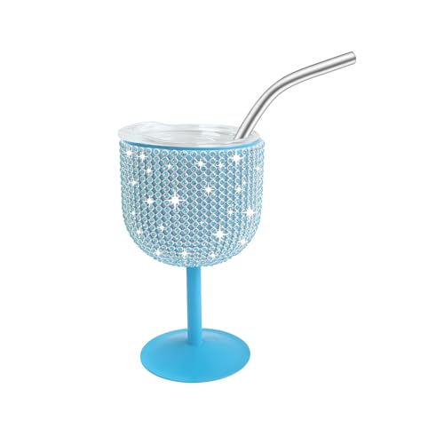 INSTOME Rhinestone Stainless Steel Wine Glasses,4oz Bling Stemmed Stainless Steel Wine Tumbler with Lid and Straw for Camping,Picnics,Travel,Birthday Gifts for Family (blue, 4oz)