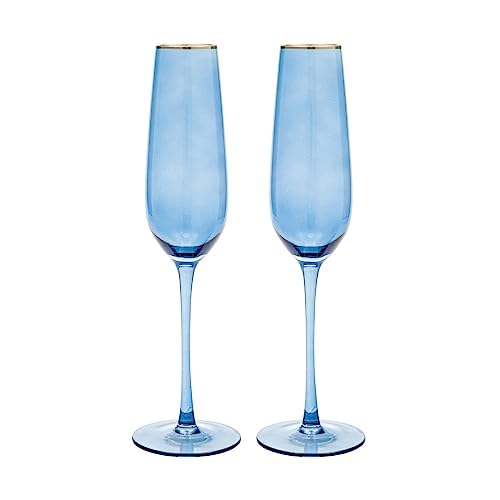 Vikko Champagne Flutes, 8.5 Ounce Toasting Champagne Flute, Blue with Gold Rim Crystal Clear Champagne Glasses, Set of 2 Elegant Sparkling Wine Glasses
