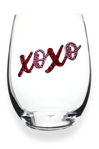 XOXO Jeweled Stemless Wine Glass, 21 oz. - Unique Gift for Women, Birthday, Cute, Fun, Not Painted, Decorated, Bling, Bedazzled, Rhinestone