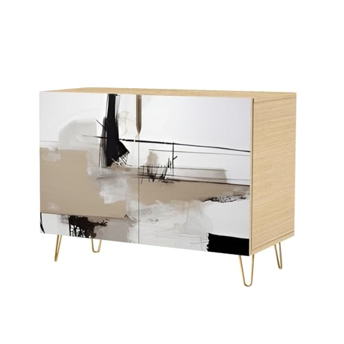 Mid-Century Sideboard Buffet Kitchen Storage Cabinet with 2 Doors Hand drawn oil Abstract artistic Oil canvas golden texture Fragment Cupboard Console Table Bar Cabinet for Dining Room Hallway
