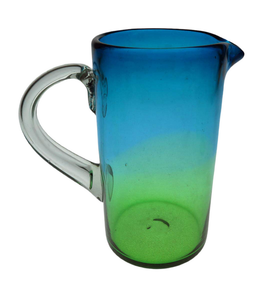 Mexican Glass Margarita or Juice Pitcher, Green and Turquoise Fade Design, Straight 64oz