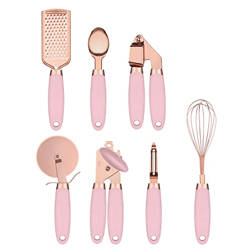 7-Piece Set of Kitchen Tools and Gadgets with Anti-Slip Handles (Rose Gold and Pink)