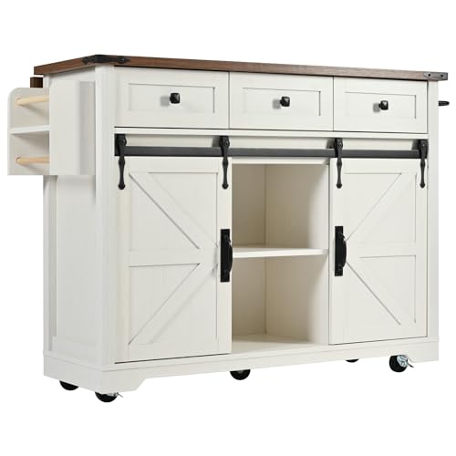 Ball & Cast Farmhouse Kitchen Island Cart with Power Outlet, 2 Sliding Barn Doors, 3 Adjustable Shelves, Kitchen Storage Island with Drop Leaf, Spice Rack, Rolling Cart on Wheels, for Kitchen or Dining Room, White