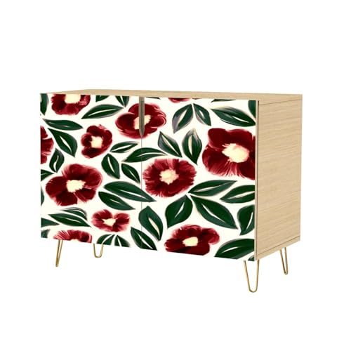 Mid-Century Sideboard Buffet Kitchen Storage Cabinet with 2 Doors Artistic floral seamless pattern Bright flowers hand drawn oil paints Cupboard Console Table Bar Cabinet for Dining Room Hallway