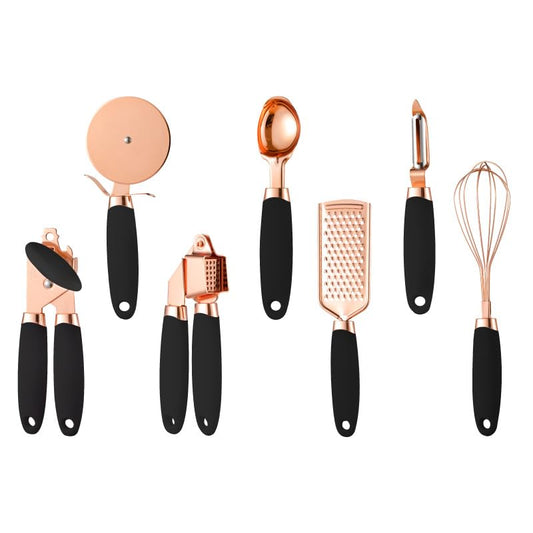 White & Gold Kitchen Tools and Gadgets - Luxe 7PC Cooking Tools and Gadgets with Anti-Slip Handles, Gold Utensils Set, Gold Kitchen Accessories,Premium Kitchen Gadget Set (Rose gold & black)