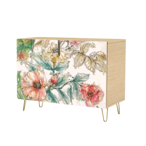 Mid-Century Sideboard Buffet Kitchen Storage Cabinet with 2 Doors Beautiful Oil Flower Cupboard Console Table Bar Cabinet for Dining Room Hallway