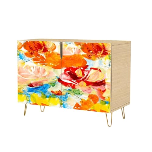 Mid-Century Sideboard Buffet Kitchen Storage Cabinet with 2 Doors Seamless Pattern Abstract red Flowers Original Hand Drawn Cupboard Console Table Bar Cabinet for Dining Room Hallway