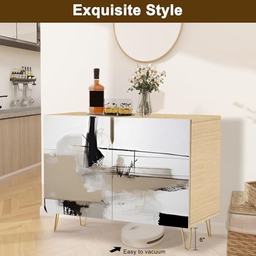 Mid-Century Sideboard Buffet Kitchen Storage Cabinet with 2 Doors Hand drawn oil Abstract artistic Oil canvas golden texture Fragment Cupboard Console Table Bar Cabinet for Dining Room Hallway