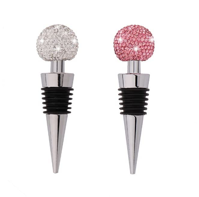 2 pack GSRYPC Bling Bling Decorative Crystal Diamond Wine Stopper,Zinc Alloy Silicone Crystal Wine Toppers Stopper Wine Set Accessories For Gifts, Bar, Holiday Party, Wedding（Silver+pink)
