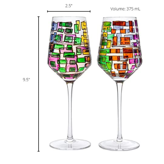 Artisanal Hand Painted Stemmed Wine Glasses - Gift for, Friends, Girlfriends, Sagrada Renaissance Stain-glassed Windows Wines Glass Set of 2 - Gift Idea for Birthday, Housewarming, Extra Large Goblets