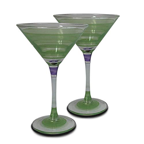 Golden Hill Studio Hand Painted Martini Glasses Set of 2 - Cape Cod Cottage Green Collection - Hand Painted Glassware by USA Artists - Unique and Decorative Martini Glasses, Kitchen Table Décor
