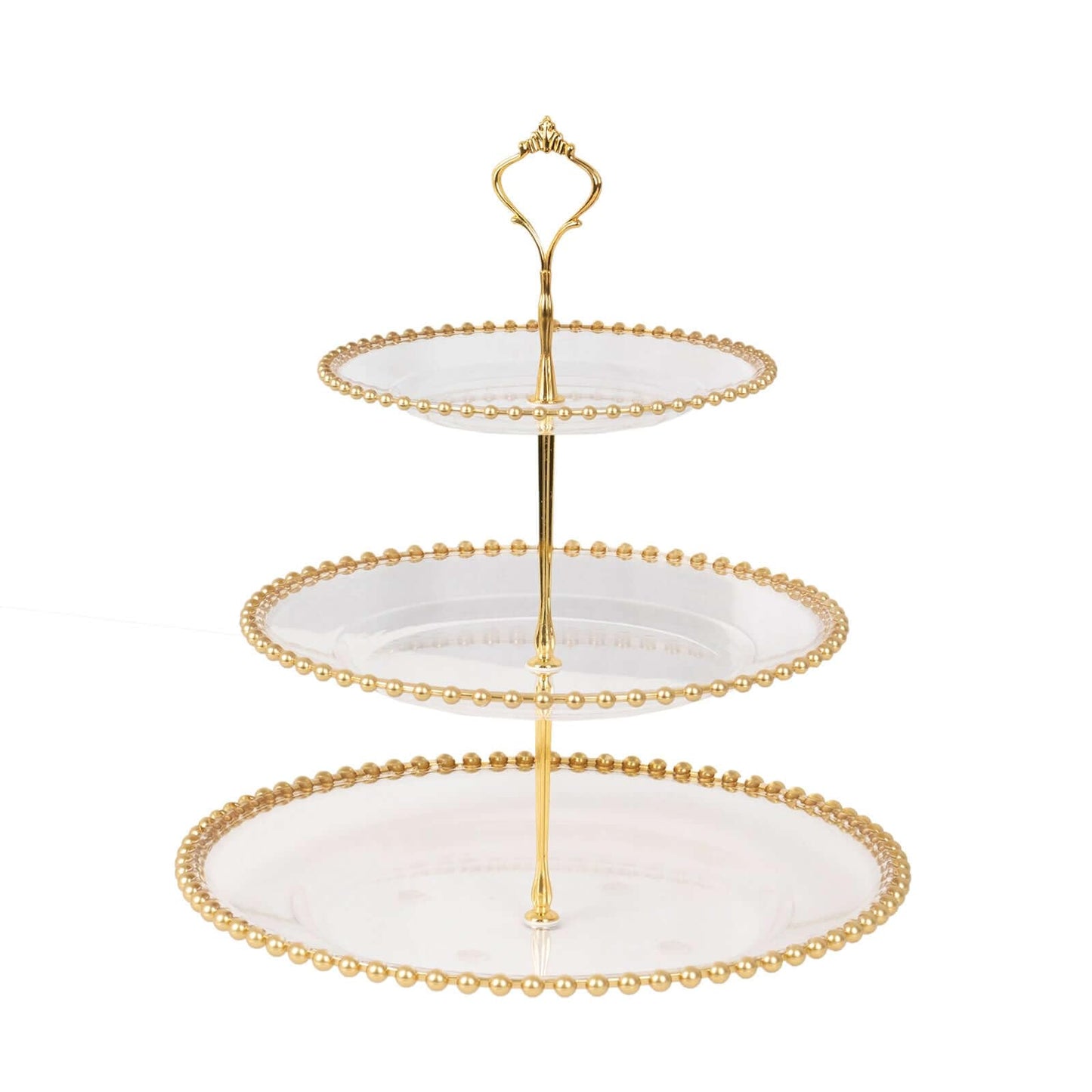 Efavormart Clear 3-Tier Round Plastic Cupcake Tower Stand with Gold Beaded Rim, Dessert Display Tea Party Serving Platter With Top Handle - 14" Tall