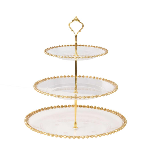 Efavormart Clear 3-Tier Round Plastic Cupcake Tower Stand with Gold Beaded Rim, Dessert Display Tea Party Serving Platter With Top Handle - 14" Tall