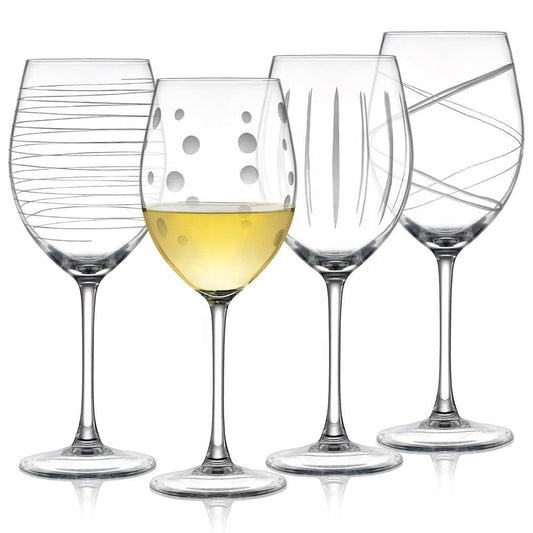 Joeyan Hand Blown Etched Red and White Wine Glasses,Stemmed Glasses with Stripes and Dots Pattern,Clear Carved Long Stem Glassware Set for Wine Tasting Birthday Anniversary Wedding,19 oz,Set of 4
