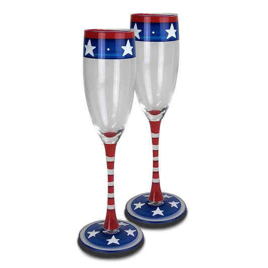 Golden Hill Studio Hand Painted Champagne Flute Set of 2 - Patriotic Collection - Hand Painted Glassware by USA Artists - Unique and Decorative Champagne Glasses, July 4th Kitchen Table Décor