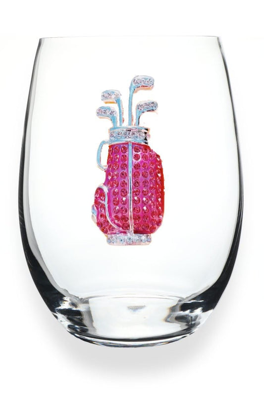 Pink Golf Bag Jeweled Stemless Wine Glass, 21 oz. - Unique Gift for Women, Birthday, Cute, Fun, Not Painted, Decorated, Bling, Bedazzled, Rhinestone