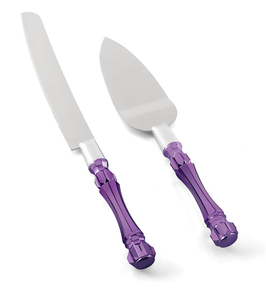 Wedding Cake Knife and Server Set Purple, Cake Cutter and Pie Spatula, Cake Server and Knife Set of 2 with Acrylic Handles, 1.2mm Thick Blades, Cutting Set for Wedding Cake, Birthdays, and Parties