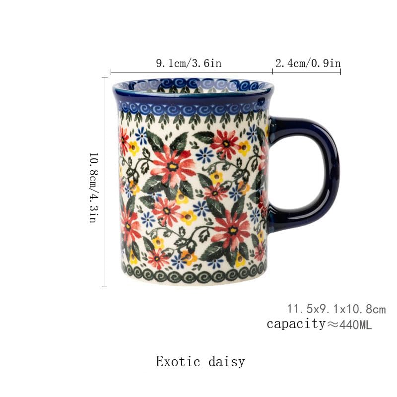 Generic Pottery Coffee Mug Set,14oz, Hand Painted Ceramic Tea Cups with Unique Design for Hot or Cold Drinks (Exotic daisy), convention, Blue