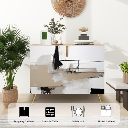 Mid-Century Sideboard Buffet Kitchen Storage Cabinet with 2 Doors Hand drawn oil Abstract artistic Oil canvas golden texture Fragment Cupboard Console Table Bar Cabinet for Dining Room Hallway