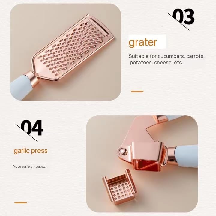 7-Piece Set of Kitchen Tools and Gadgets with Anti-Slip Handles (Rose Gold and Pink)