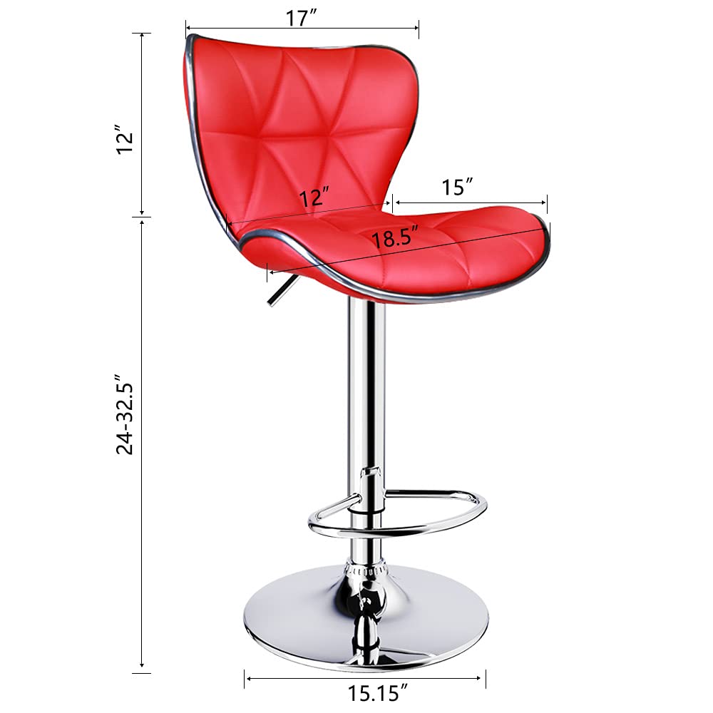 Leopard Shell Back Adjustable Swivel Bar Stools, PU Leather Padded with Back, Set of 2 (Red)