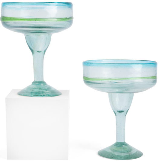 Mexican Glassware, Aqua Rims 16oz Margarita Glasses, Set of 2 Unique Hand Blown Glass, Handcrafted by Talented Artisans Thick & Sturdy Easy to hold