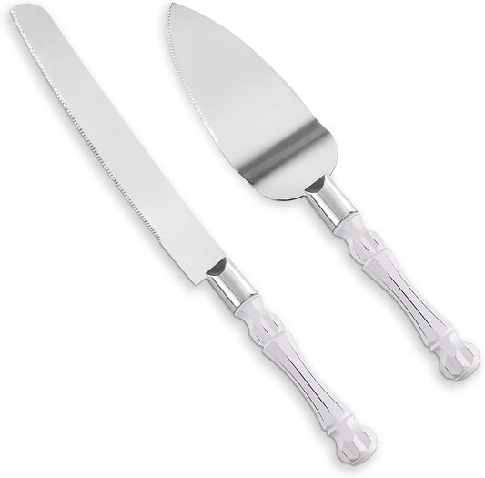 Homi Styles White Elegant Cake Knife and Server Set, Cake Cutter and Pie Spatula, Cake Server and Knife Set of 2 with Thick Blades, Rustic Wedding Cake Cutting Set, Birthdays, Anniversaries, Parties