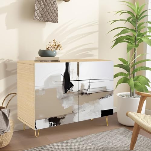 Mid-Century Sideboard Buffet Kitchen Storage Cabinet with 2 Doors Hand drawn oil Abstract artistic Oil canvas golden texture Fragment Cupboard Console Table Bar Cabinet for Dining Room Hallway