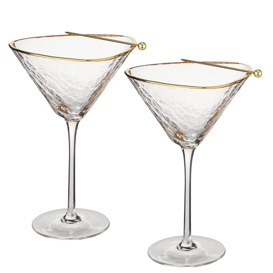 Sister.ly Drinkware Handmade Hammered Martini Glasses with Gold Rim - Gold Rimmed Martini Glasses Set of 2 and 2 Gold-Plated Cocktail Picks, Unique Martini Glass. Perfect For Cocktails.