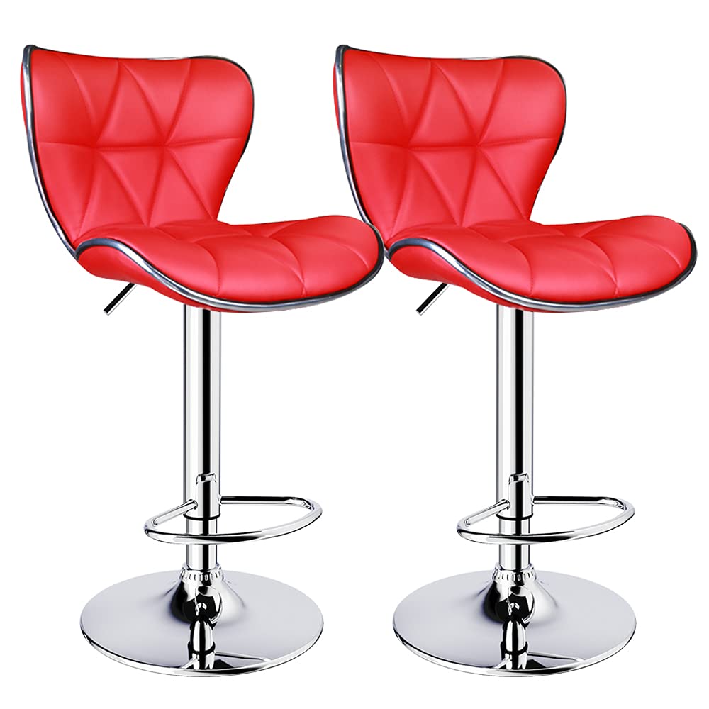 Leopard Shell Back Adjustable Swivel Bar Stools, PU Leather Padded with Back, Set of 2 (Red)