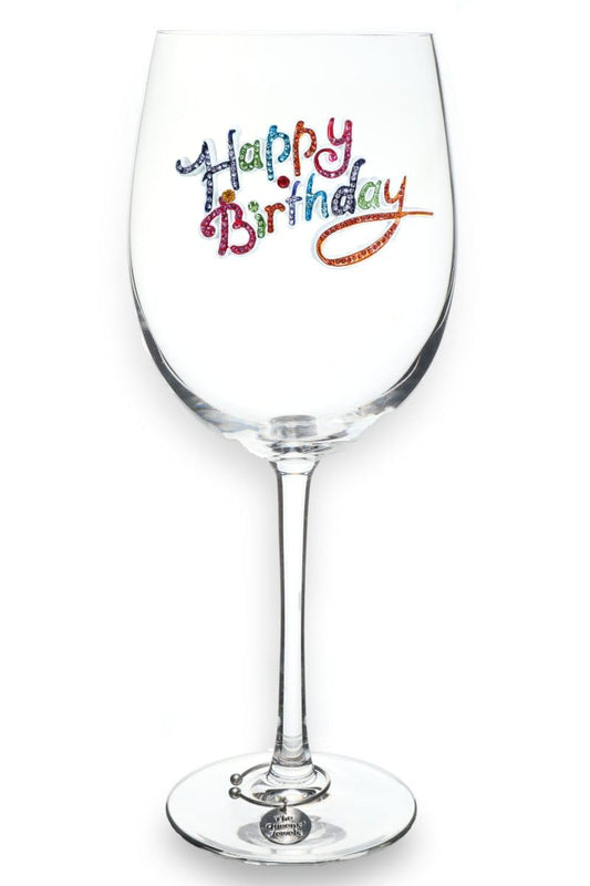Happy Birthday Jeweled Stemmed Wine Glass, 21 oz. - Unique Gift for Women, Birthday, Cute, Fun, Not Painted, Decorated, Bling, Bedazzled, Rhinestone