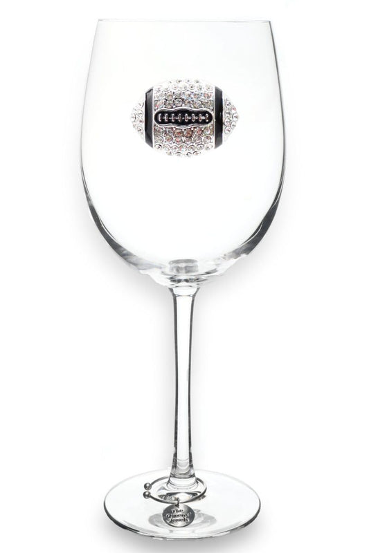 Football (Diamond and Black) Jeweled Stemmed Wine Glass, 21 oz. - Unique Gift for Women, Birthday, Cute, Fun, Not Painted, Decorated, Bling, Bedazzled, Rhinestone